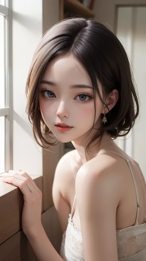 (masterpiece、Realtic、masterpiece,Very detailed,Highest quality,8k,CG,shape,shaving:1.0),(one person&#39;s:1) 、Dark Room、Bedroom、sexy gestures and faces、sexy, jyojifuku,nurse、Big Breasts, Cleavage、latexのnurse uniform、Lying in bed