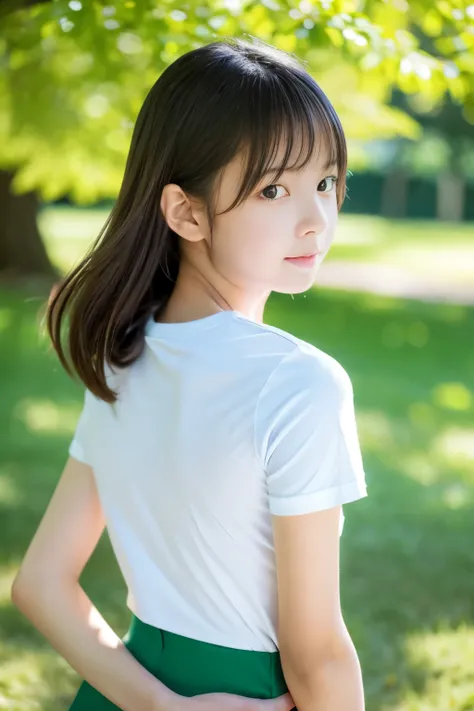 8k,masterpiece,Japanese,,from the front,Innocent face,Calm Eyes,Childish,T-Shirts,Short sleeve,Short skirt,semi-long,noon,bright,By the side of a fresh green tree