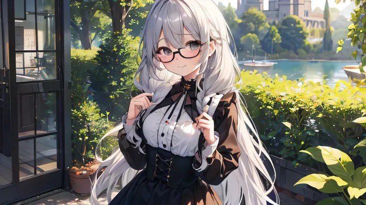 Curly long hair with glasses、Has loose braids、A cute girl in her 20s with a baby face。Small breasts、She wears cute gothic clothes、The location is an outdoor cafe surrounded by greenery.。The expression is smile、Draw women slightly larger、Beautiful breasts、B...
