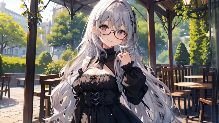 curly long hair with glasses、loose braided hair、a cute girl in her 20s with a baby face。small breasts、she wears cute gothic clot...