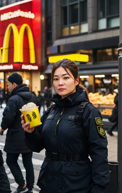 visual: In the hustle and bustle of the city、Woman in tactical gear holding McDonald&#39;s fries。A large McDonald&#39;s sign and a crowd can be seen in the background.。
Camera Motion: The camera slowly zooms in on her.、Her calm expression and tactical gear...