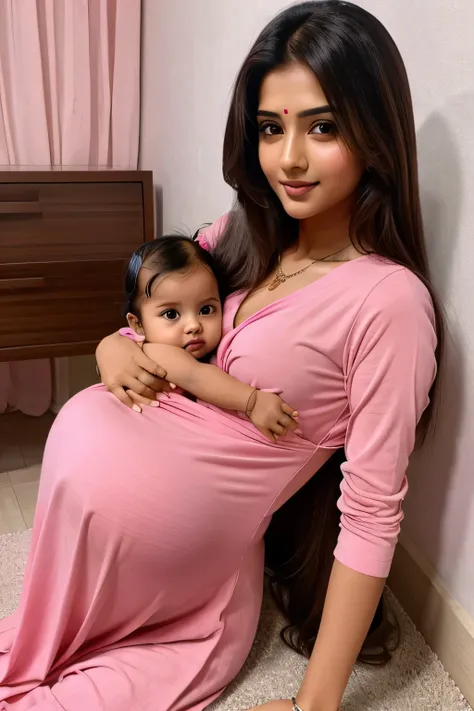  16 years  cute beautiful  Indian  super bowl hot girl with  different stylish long hair with stylish modern pink color stunning dress with his  cute little baby with full size hot pic with pregnant
