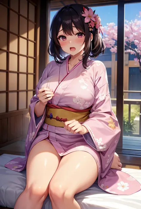 The yukata with the legs spread open shows the underwear bulging.