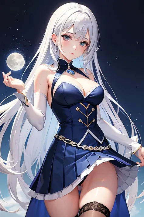 （（（Highest quality、first class、masterpiece、Normal body、8k、Detailed face、Ultra-precision、normal hand、Normal refer to、５refer to、Highest）））、Silver Hair、Small breasts、Female college student、Magical girl、Magical girlの衣装、White, blue and black contrast outfit、I c...