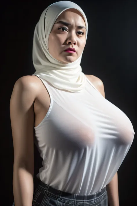 ((Red Lips)), Jumbo (Singlet), Chubby adorable, 1 girl, (face to face), , ((baby face)), (angry face expression:1.35), half body portrait, (face details: 1), (eye details: 1), ((big breasts:1.35)). wearing transparent transparency soft long shirt, hijab, ....