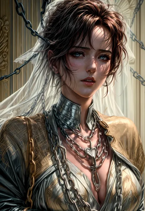 oil painting anime comic art, Julie Bell art of a groom held by ((radiant chains: 1.2)), in his wedding day and his bride, a handsome groom, wearing suit and tie, BREAK AND a beautiful, sexy bride, busty bride, wearing white lace wedding dress, the chain h...