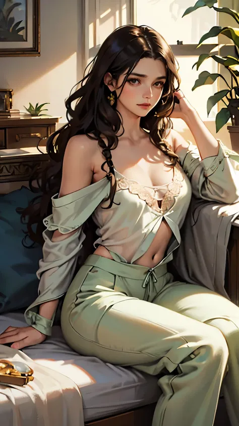 (photorealism:1.2), beautiful woman, sitting on bed, wearing loose off-shoulder top, pajama pants, long curly hair, indoors, sof...