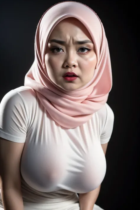 ((Red Lips)), Jumbo (Singlet pink), Chubby adorable, 1 girl, (face to face), , ((baby face)), (angry face expression:1.37), half body portrait, (face details: 1), (eye details: 1), ((big breasts:1.35)). wearing transparent transparency soft long shirt, hij...