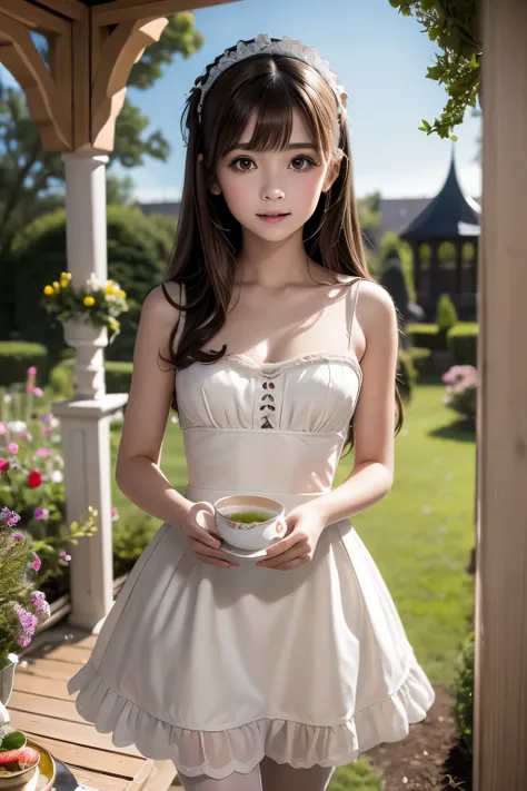 masterpiece,Highest quality,Very detailed,Maid Girl,,Small breasts,Brown Hair,very cute,Maid clothes,Outdoor,Garden Gazebo,Tea party