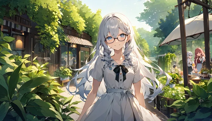 High-quality illustrations、Draw the whole body、Curly long hair with glasses、Loose braided hair、A cute girl in her 20s with a baby face。Small breasts、Cute clothes、The location is an outdoor cafe surrounded by greenery.。smile、Draw women slightly larger、Beaut...