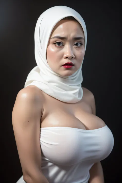 ((Red Lips)), Jumbo (Strapless), Chubby adorable, 1 girl, (face to face), , ((baby face)), (angry face expression:1.37), half body portrait, (face details: 1), (eye details: 1), ((big breasts:1.35)). wearing transparent transparency soft long shirt, hijab,...