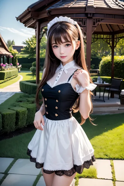 masterpiece,Highest quality,Very detailed,Maid Girl,,Small breasts,Brown Hair,very cute,Maid clothes,Outdoor,Garden Gazebo,Tea party