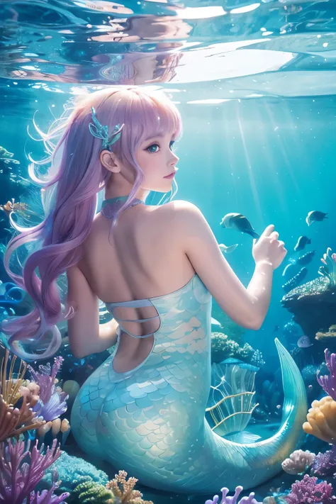 Digital art, digital anime art style, soft light, underwater city, where mermaids live, transparent world, transparent, sheer, mermaid princess, sunken city, underwater, shining, fantasy digital art, beautiful, transparent aesthetics, detailed image, accur...