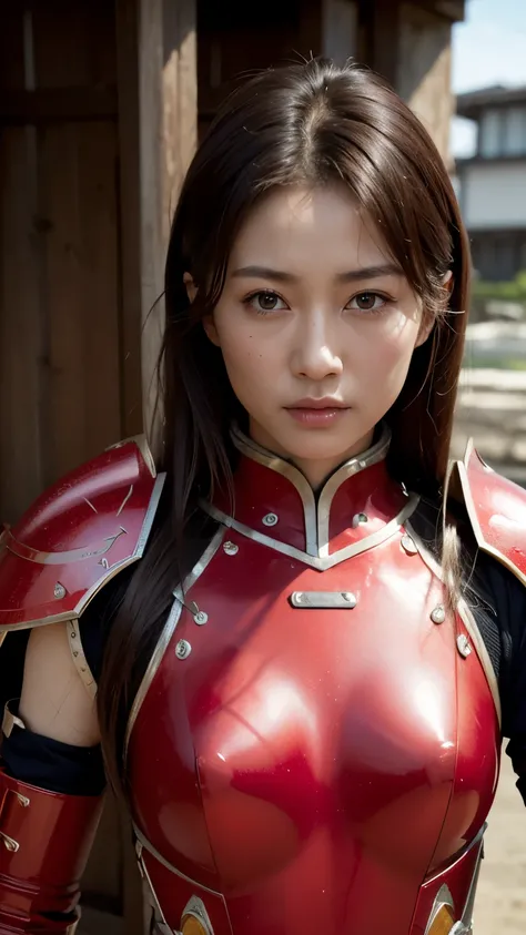 (Photorealistic), high quality, 8K, skin texture, Hair texture, Japanese woman, Skinny body, beautiful face, wearing red armour