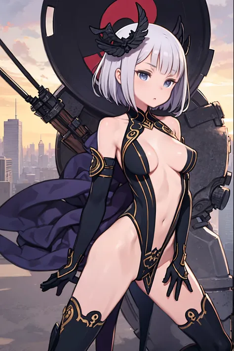 fantasy, 1girl,young_teen, ,silver_hair, short_hair, long_bangs, bare_shoulder,thighhighs,silver_armor, waist_armor, large_breasts,half_eyes,floating, bare_crotch, headgear,gauntlet, greaves,city_background,slightly_spread_legs, solo, groin_naked,hair_over...