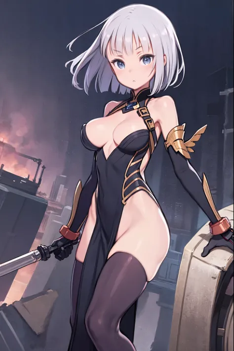 fantasy, 1girl,young_teen, ,silver_hair, short_hair, long_bangs, bare_shoulder,thighhighs,silver_armor, waist_armor, large_breasts,half_eyes,floating, bare_crotch, headgear,gauntlet, greaves,city_background,slightly_spread_legs, solo, groin_naked,hair_over...