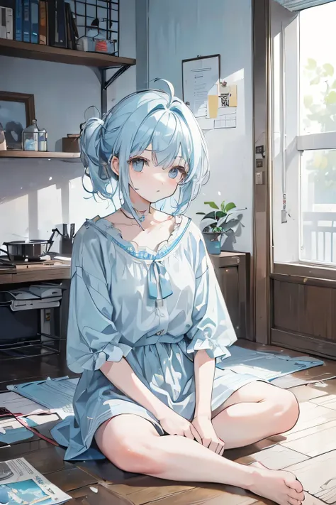 (((One person))), ((((alone)))), ((Messy hairstyle)), (((Light blue hair)), Soft blouse，Sitting on the floor，Asahi，room