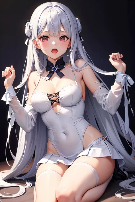 （（（Highest quality、first class、masterpiece、Normal body、8k、Detailed face、Ultra-precision、normal hand、Normal refer to、５refer to、Highest）））、Silver Hair、slender、Small breasts、Female college student、Magical girl、Magical girlの衣装、White contrast outfit、I can see h...