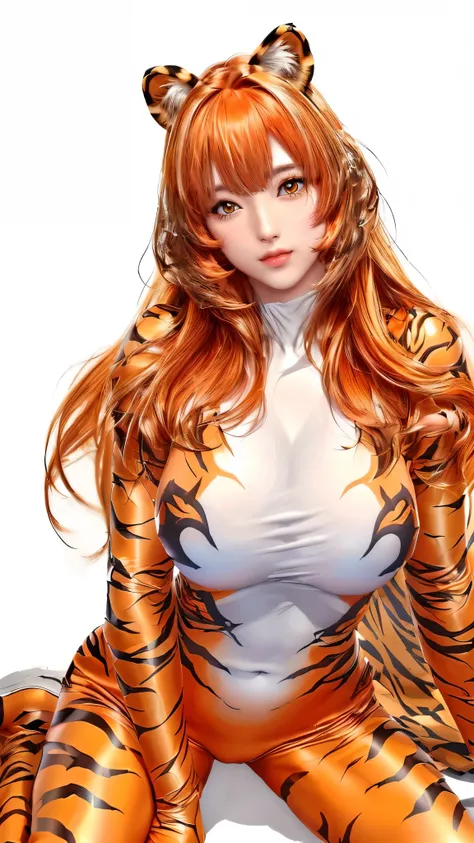 (（（Perfect body,（（（hwjsy, tigerstripebodysuit  ）））,（（（Orange hair, orange long hair, orange straight hair, golden eyes, red lips, pink powder blusher, tiger ear headdress））），((masterpiece)),high resolution, ((Best quality at best)),masterpiece,quality,Best...