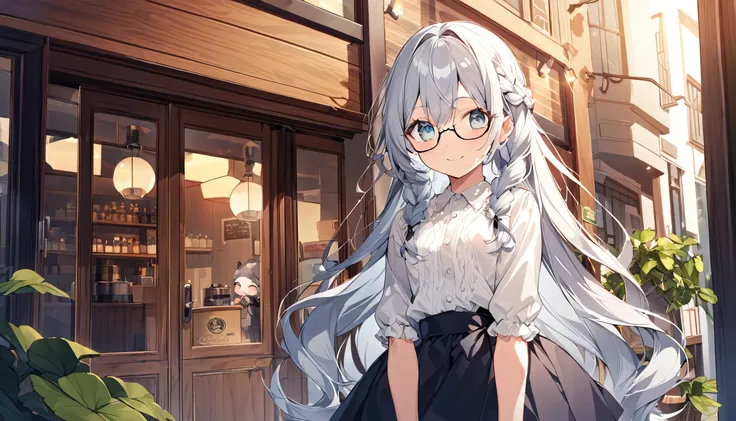 high-quality illustrations、draw the whole body、glasses、curly long hair、loose braided hair、a cute girl in her 20s with a baby fac...