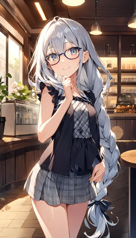 high-quality illustrations、draw the whole body、glasses、curly long hair、loose braided hair、she&#39;s in her 20s and has a cute ba...