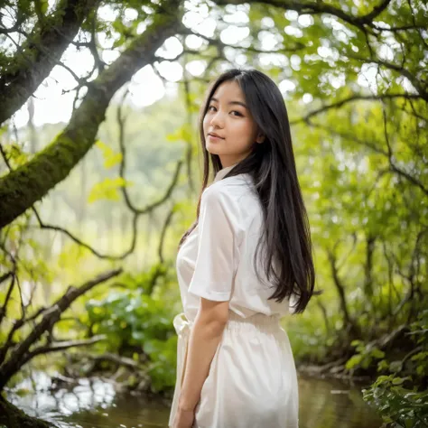 (masterpiece, best quality:1.2, 8k RAW photo, 1girl, solo, natural soft lighting), hiking, rainy morning, natural forest, looking at camera