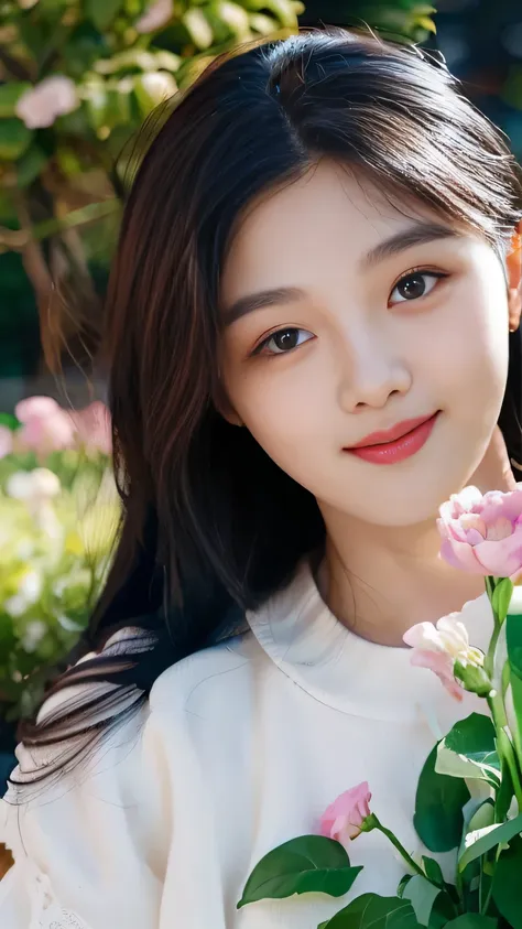 Close-up photo of Korean woman, Beautiful and spellbinding for every eye, Under the eyes, night picture, Dress cutely, flower garden, park