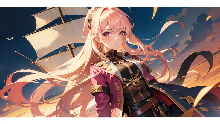 One adult woman, pink eyes, long blonde hair, pirate clothes