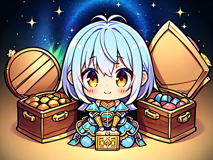 solo, fullbody, blue pixie cut, worried, mithril armor,When you open the treasure chest((Gold and silver treasure))、smile、(Golden Background)、Aurora Revolution