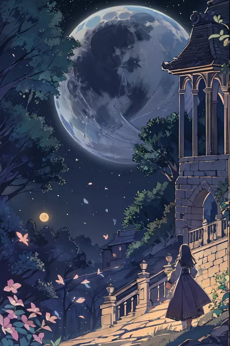 A dark-haired girl walking through a castle garden on a full moon night