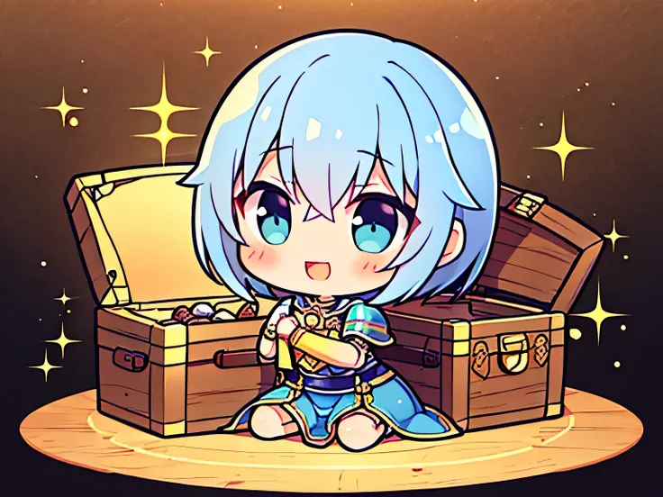 solo, fullbody, blue pixie cut, worried, mithril armor,When you open the treasure chest((Gold and silver treasure))、smile、(Golden Background)、Aurora Revolution