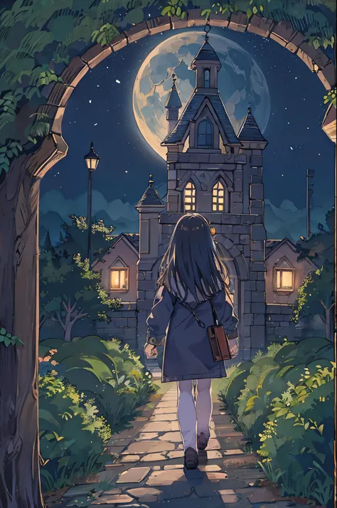 A dark-haired girl walking through a castle garden on a full moon night