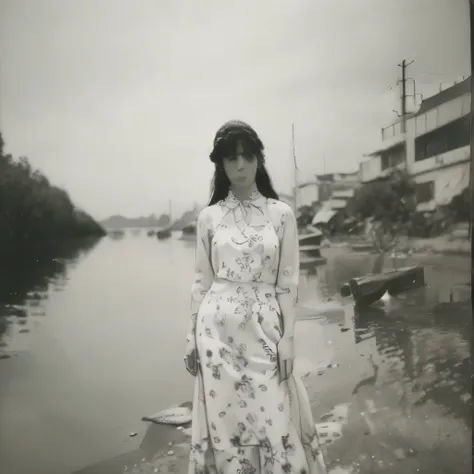 black and white photography、young woman photographed、riverside、cluster