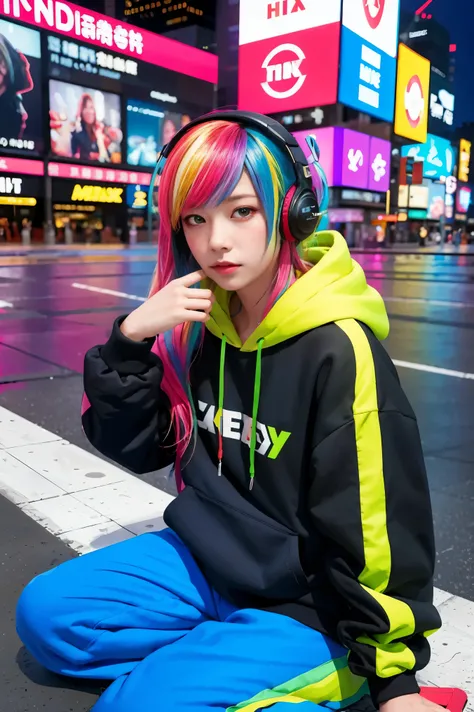 (In 8K、RAW Photos、Highest quality、masterpiece:1.2)、(Realistic、Photorealistic:1.37)、Very detailed、Ultra-high resolution、1 person、alone、Rainbow Hair、hoodie、Espadrilles、Straight hair、Headphones、length、(Center of the intersection)、(Sit on the ground)、night、neo...