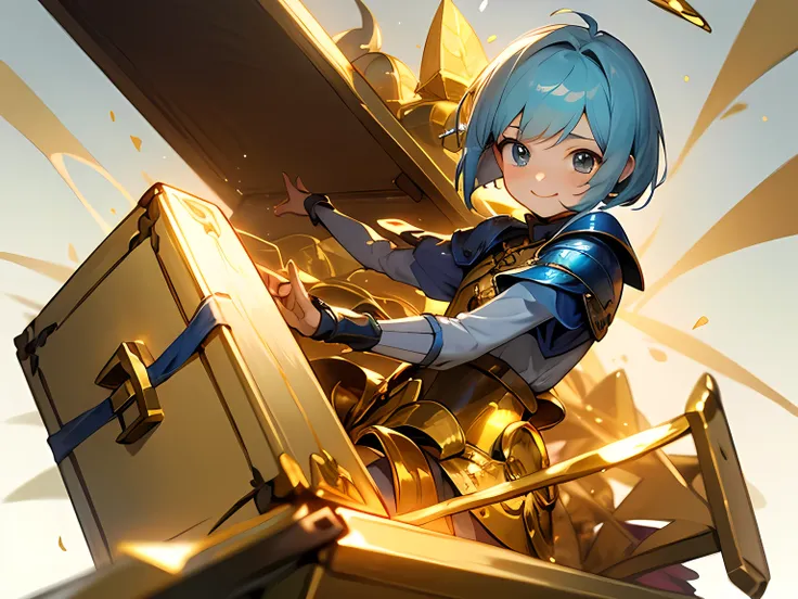 solo, fullbody, looking at viewer,blue pixie cut, worried, mithril armor,When you open the treasure chest,((Gold and silver treasure))、smile、(Silver Background)、Aurora Revolution
