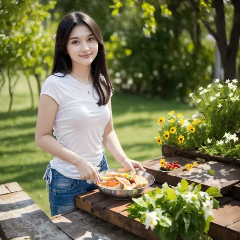 (masterpiece, best quality:1.2, 8k RAW photo, 1girl, solo), cooking outdoor, sunny morning, looking at camera, 