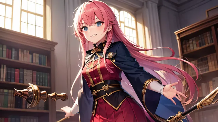 "A young girl with semi-middle length pink hair, wearing a pink outfit with a normal shirt, but her clothes are worn and tattered, reflecting a poor and humble appearance. She is standing inside a guild hall, holding a wooden staff in one hand, while stron...