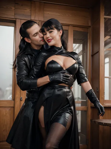 proFessional  photograph oF a gorgeous smiling happy soaked Bettie page girl and her lover, dressed with a large black leather coat,ponytail Black hair, red lipstick,black long maxi-skirt(black long maxi-skirt:1.2),sultry Flirty look, gorgeous symmetrical ...