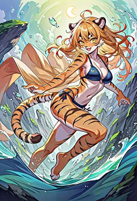 rating_safe, score_9, score_8_up, score_7_up, score_6_up, score_5_up, score_4_up, hires, source_furry(​masterpiece, top-quality, Official art)Look at viewericro bikini, tiger and girl, Tiger painting}A flash of light runs, Colorful water levitation,