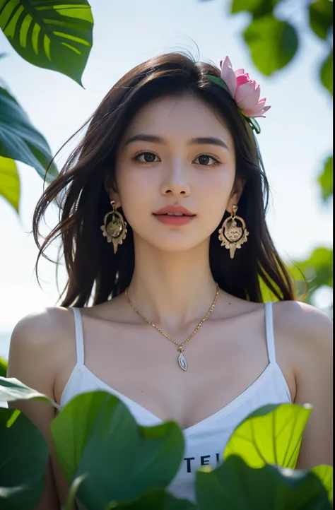 Portrait of lovely woman in bright windy field, Lotus leaf background，watercourse, Chicken lotus root stalk，lotus Leaf，lotus，(Backlight),detail， Practical,Upper Body，best quality, detail，Serious, In the shadows, bloom, [[Chromatic Aberration]，Natural skin ...