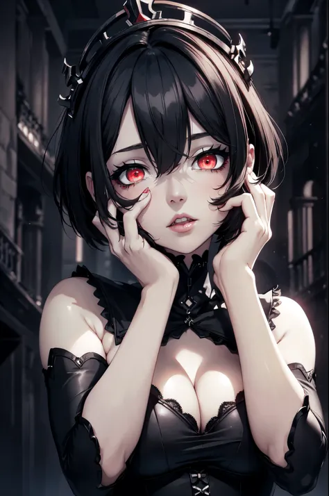 (digital painting),(best quality), masterpiece, 8k resolution, (dark mood background:1.4), dark fantasy,  anime girl, one girl, solo, beautiful girl, sexy, goth girl, pale skin, big breast, beautiful breasts, seducing, (yandere: 1.2), detailed lips, beauti...