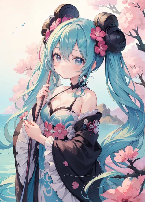 (masterpiece、Highest quality、Highest quality、Official Art、Beautiful and beautiful:1.2)、(One person:1.3)Hatsune Miku、Twin tails,Beautiful breasts, Katsushika Hokusai,masterpiece, super high quality, Beautiful details, Very detailed,16K, Exquisite, Absurd, H...