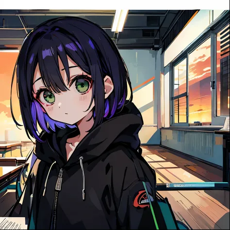 Plain black hoodie、A classroom lit by the sunset、Illuminated by the light of the setting sun、Abandoned school building、Sunset light shining through an old classroom、Masterpiece、Highest quality