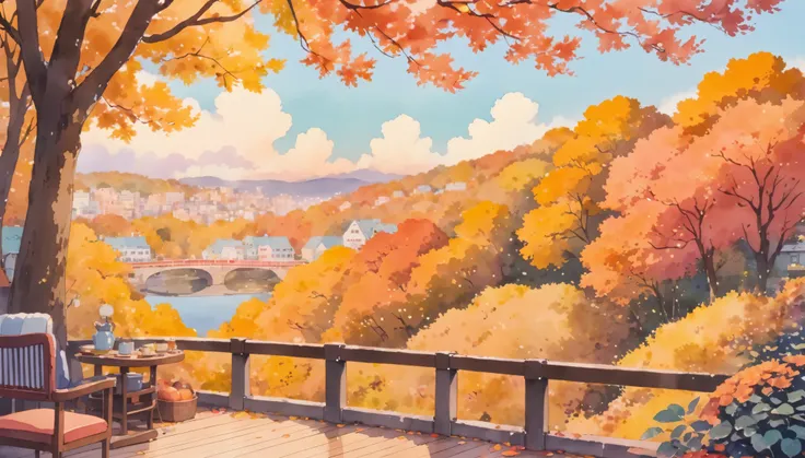 ultrawide cozy autumn aesthetic fall,studio ghibli inspired,watercolor,no people,lofi,cute