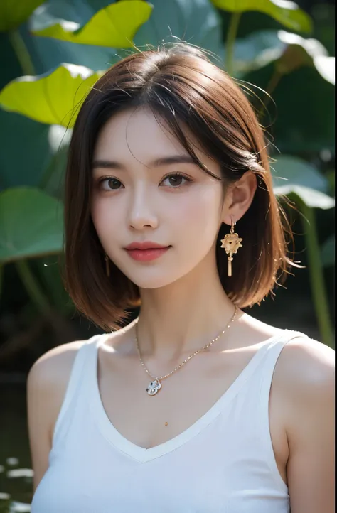 Portrait of lovely woman in bright windy field, Lotus leaf background，watercourse, Chicken lotus root stalk，lotus Leaf，lotus，(Backlight),detail， Practical,Upper Body，best quality, detail，Serious, In the shadows, bloom, [[Chromatic Aberration]，Natural skin ...