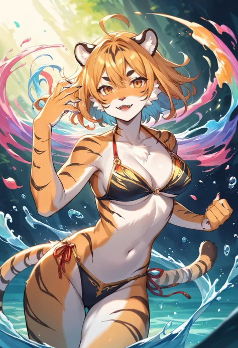 rating_safe, score_9, score_8_up, score_7_up, score_6_up, score_5_up, score_4_up, hires, source_furry(​masterpiece, top-quality, Official art)Look at viewericro bikini, tiger and girl, Tiger painting}A flash of light runs, Colorful water levitation,