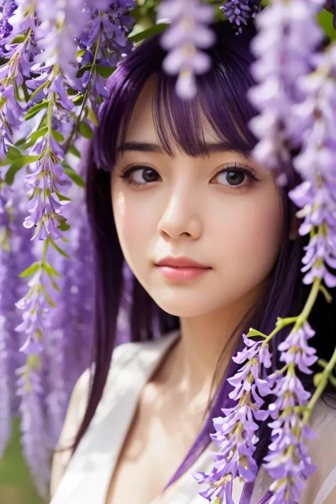 “Please describe a close-up of fully bloomed purple wisteria flowers.”