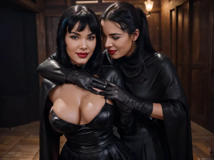 proFessional photograph oF a gorgeous smiling happy soaked medieval Bettie page woman and her lover, dressed with a ancient wide black full cloak ,ponytail Black hair, red lipstick,black long maxi-skirt (black long maxi-skirt:1.2),sultry Flirty look, gorge...