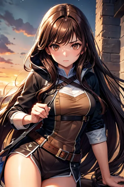 Long brown hair, brown eyes, girl, assassin