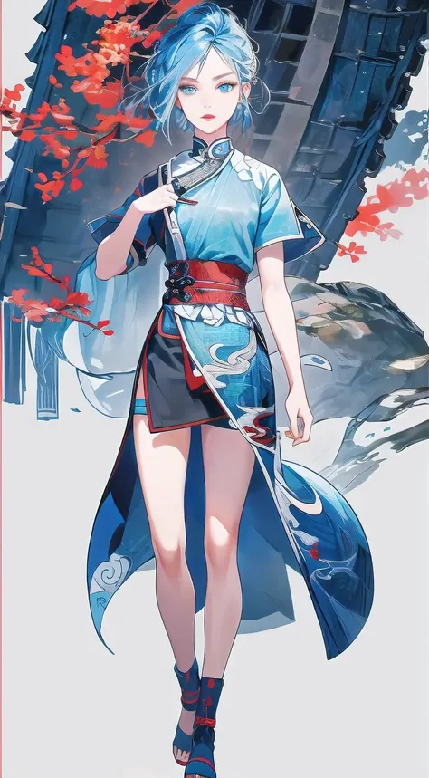 Masterpiece, Best quality, 1 Ji Ruxue, the expression is cold, strong, blue eyes, short hair, wolfcut hairstyle, smoky mix blue color hair, resolute eyes, red lips, simple Taoist Taoist uniform, Chinese mix morden, frontal photo, black or white background,...